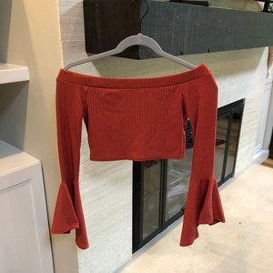 Missguided Orange Ribbed Flare Sleeve Top